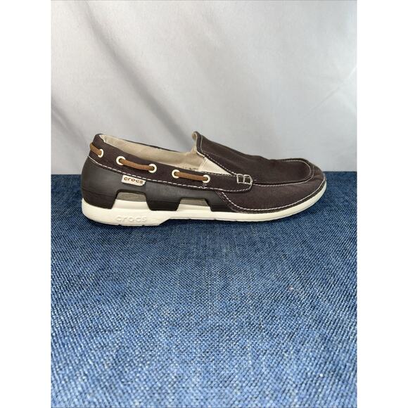 Crocs Shoes Mens Size 9 Brown Beach Line Canvas Slip Ons - Picture 10 of 12